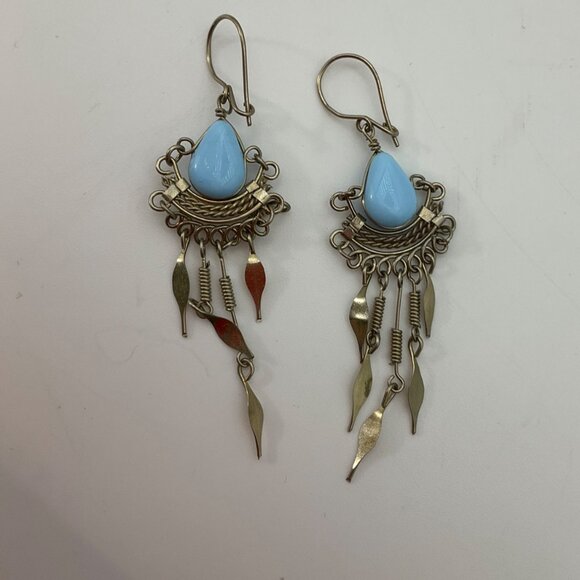 New VTG Tribal Artisan Handmade Dangle Drop Earrings Blue Opal 2"Metal Wire Art - Picture 6 of 7